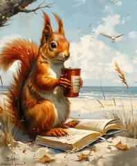 Ilustracja wiewiórki na plaży z książką herbatą - obrazy, fototapety, plakaty