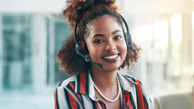 Call center, customer support and face of black woman in office for consulting, help and CRM service. Telemarketing, network and portrait of business person for contact, connection and communication
