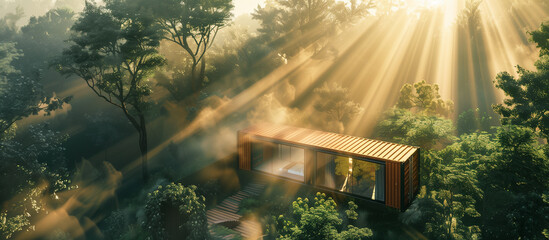 container house cabin with modern concept in the serenity forest - obrazy, fototapety, plakaty
