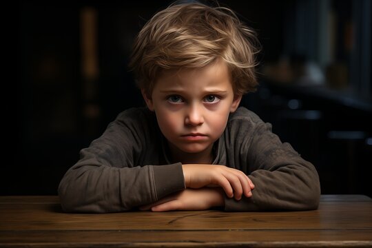 A young boy sits at a wooden table with his arms folded and a sad expression on his face.