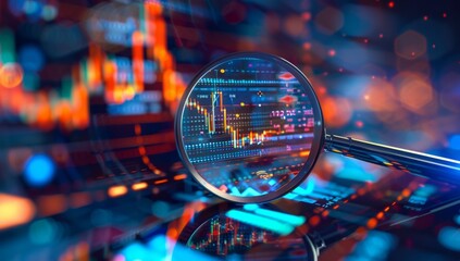 A magnifying glass over an abstract stock market graph The focus is on a digital screen showing real-time global financial symbols such as blue grid lines Generative AI - obrazy, fototapety, plakaty