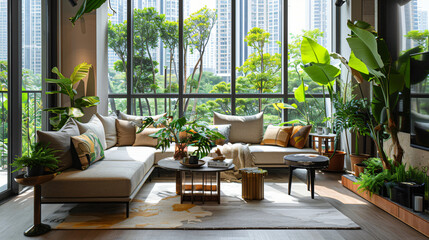 Fototapeta premium Urban Oasis: Discover the fusion of urban living with natural elements. Delve into designs that seamlessly blend city aesthetics with touches of greenery, creating vibrant yet relaxing spaces