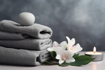 Obraz na płótnie Canvas Stack of soft grey towels with fresh orchids