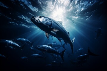 A large group of fish swim together in the vast expanse of the ocean, moving in unison through the clear blue water.