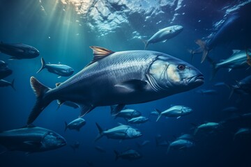 A large group of fish swim together in the vast expanse of the ocean, moving in unison through the clear blue water.