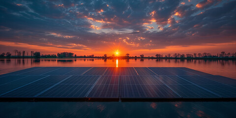 Sunset over solar panels on the water