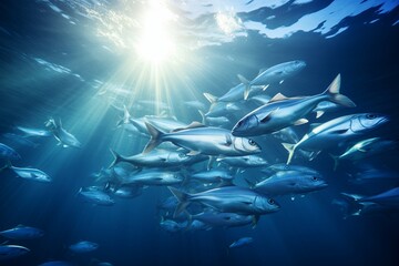 A large group of fish swim together in the vast expanse of the ocean, moving in unison through the clear blue water.