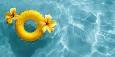 Bright yellow inflatable ring alongside vibrant hibiscus flowers floating on the calm waters of a swimming pool. Concept of relaxation and leisure in a summer setting - obrazy, fototapety, plakaty