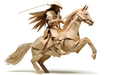 Obraz na płótnie Canvas Paperstyle origami mna riding a horse, paperstyle indian riding a horse made with origami, paper man riding paper horse
