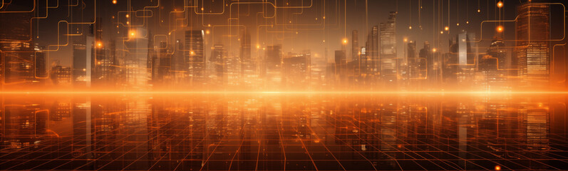 Warm-toned sci-fi city banner with glowing orange grid lines