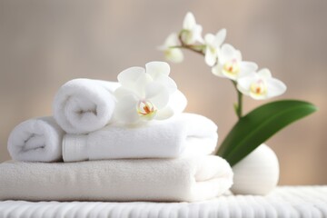 Obraz na płótnie Canvas Spa concept - stacked soft towels with white flowers