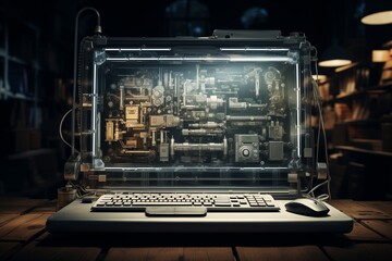 A laptop with a transparent screen lies on a wooden table in the room.