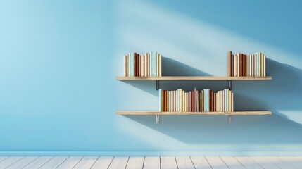 A cozy room with a towering bookshelf against a serene blue wall