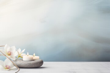 Spa composition. Pebbles, flower, candle. Copy space