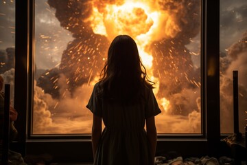 A girl standing by the window sees a powerful explosion in the distance. - obrazy, fototapety, plakaty