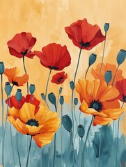 A painting featuring vibrant red and yellow flowers against a sunny yellow background, creating a bold and colorful composition.