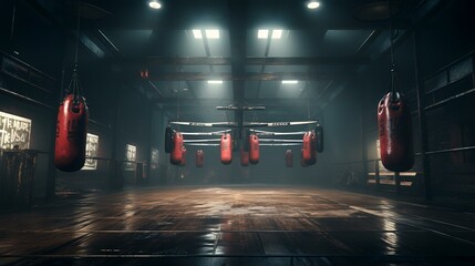 Blank Punching Bags in Misty Cinematic Boxing Gym

