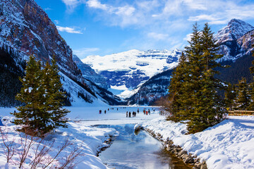Frozen Lake Louise in Winter against the backdrop of the stunning Victoria Glacier