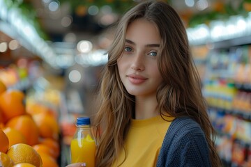Customer holding orange juice bottle, browsing shelves in supermarket