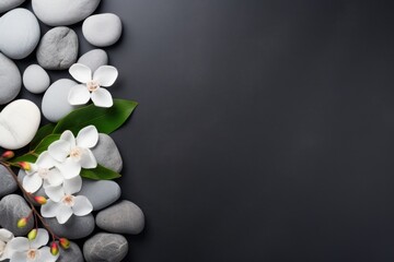 Top view of white flowers with smooth pebbles on dark background. Copy space, spa concept
