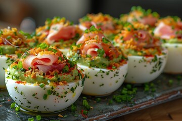 Obraz premium Egg dish avocado-tuna stuffing, topped with crispy Serrano ham