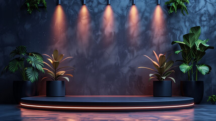 A dark podium with plants on both sides illuminated by spotlights, creating an atmosphere of luxury and elegance for product display