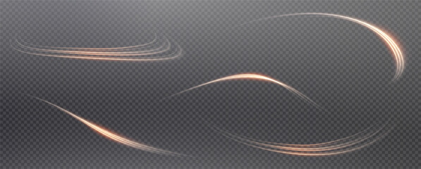 Vector png background with gold glowing lines. Gold glowing lines of speed. Light glow effect. Light trail wave, fire trail line and glow curve swirl.	
