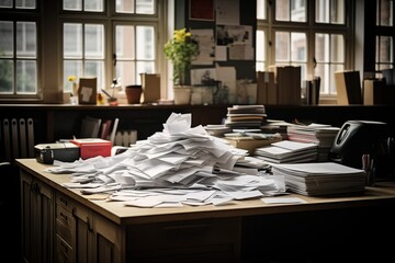 A chaotic desk covered in numerous papers and files, creating a disorganized work environment.