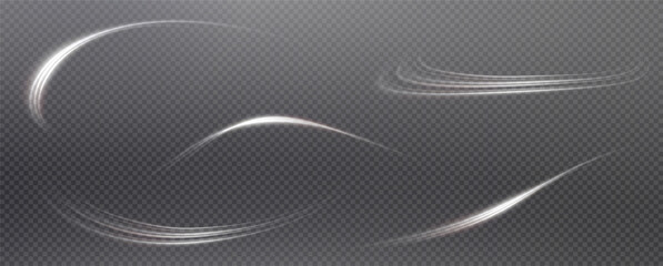 Vector png background with white glowing lines. White glowing lines of speed. Light glow effect. Light trail wave, fire trail line and glow curve swirl.	
