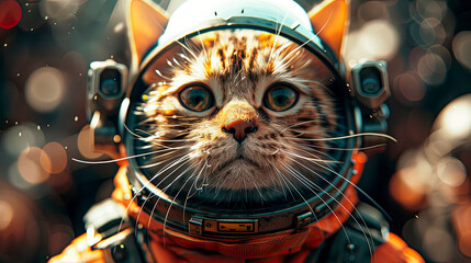 Cat the astronaut funny animal, Brave cat astronaut at the spacewalk, a quirky representation of a cat’s dream