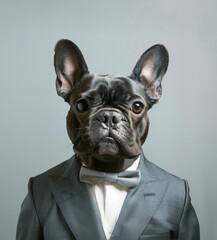 Funny original pet animal portrait for ID, cute little bulldog, dog posing as a human close up.