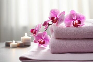 Neatly stacked spa towels with fresh orchid and candle
