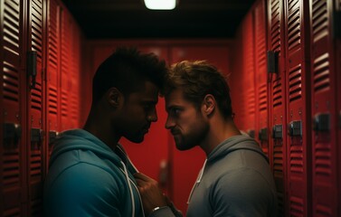 Two men standing in a hallway between rows of lockers. The men are looking at each other with serious expressions, surrounded by a typical school or gym locker room setting.