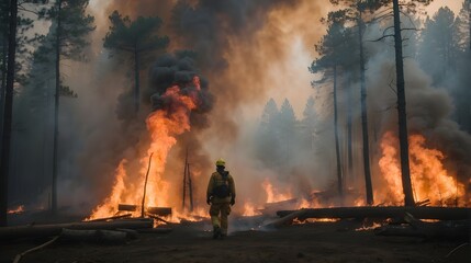 A Firefighter Walking into a Huge Forest Fire
