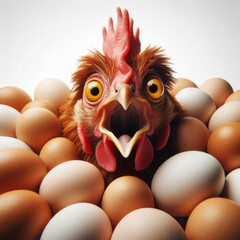 A chicken with a frightened face sits among the eggs on a white background. ai generative