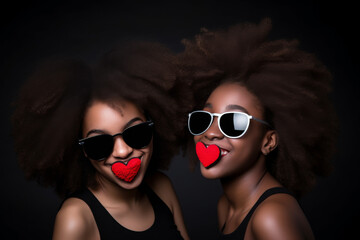 Happy Teen Girls with Afro, Black Bikini, Red Lips, and Sunglasses
