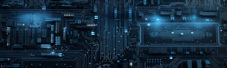 Futuristic blue circuit board background for high-tech sci-fi banner themes - obrazy, fototapety, plakaty