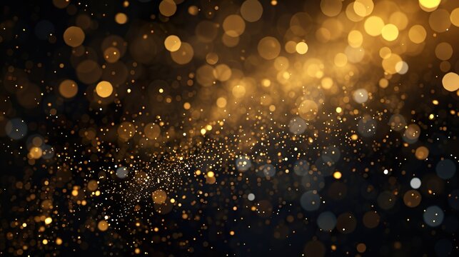 Golden blurred bokeh lights on black background. Glitter sparkle stars for celebrate. Overlay for your design