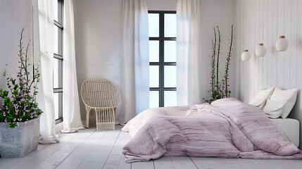 Scandinavian Style Bedroom with Cozy Bedding, Minimalist Decor, and Natural Light for a Relaxing Atmosphere