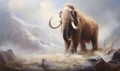 In a realm of fantasy a mammoth roams through clouds painted in soft pastels