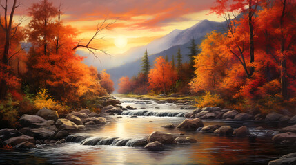 Vibrant autumn hues paint the mountain landscape background - obrazy, fototapety, plakaty