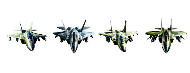 A group of military jet fighters isolated on white transparent background. - obrazy, fototapety, plakaty
