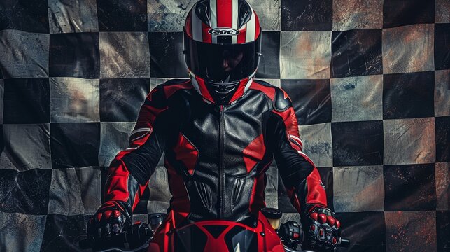 A man in a striking red and black motorcycle suit