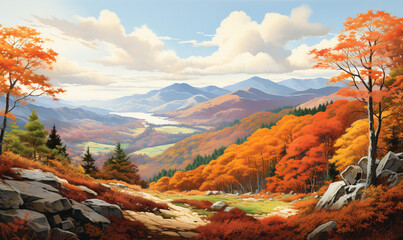 A mountain vista comes alive with autumns palette golden leaves contrast against the crisp - obrazy, fototapety, plakaty