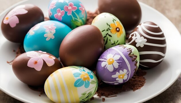 Multitude of decorated chocolate easter eggs on a white dish