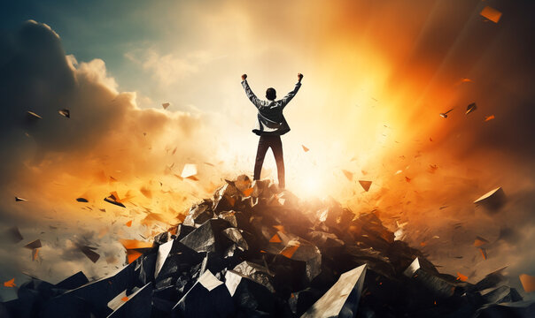 A man hands up celebrating on success life, motivation concept