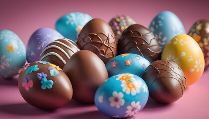 Fototapeta na wymiar Multitude of decorated chocolate easter eggs on pink background