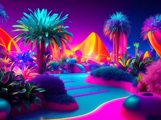 Foto op Aluminium Neon oasis vibrant 3drendered abstract landscape with bold neon colors and brilhantes formas geométricas © Best design template