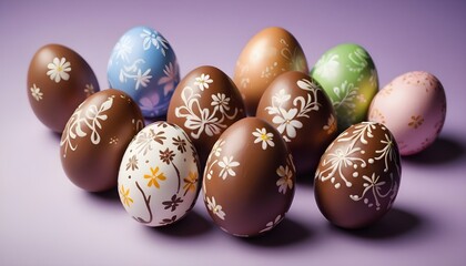 Fototapeta na wymiar Multitude of decorated chocolate easter eggs on purple background