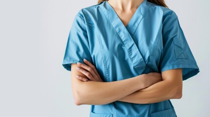 A woman in scrubs stands with crossed arms, exuding confidence and authority